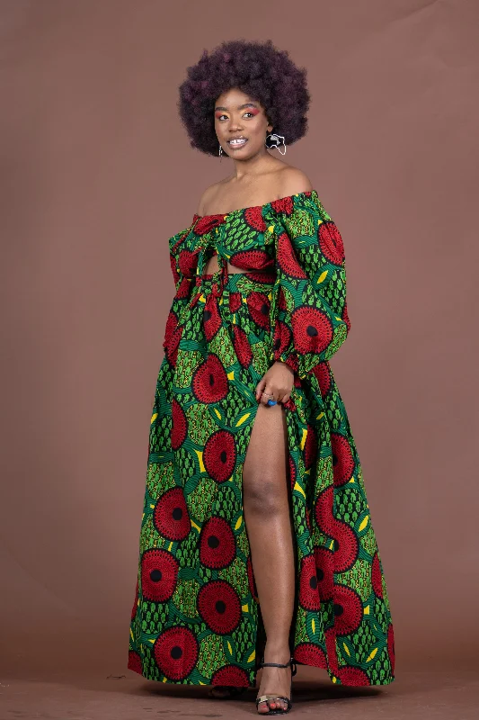 Aniedi Ankara Maxi Skirt | Green and Red African Print wool skirt sturdy