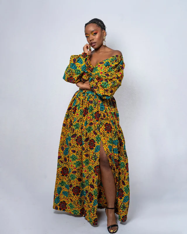 Anini Ankara Maxi Skirt | Yellow Multicolored African Print velvet skirt plush