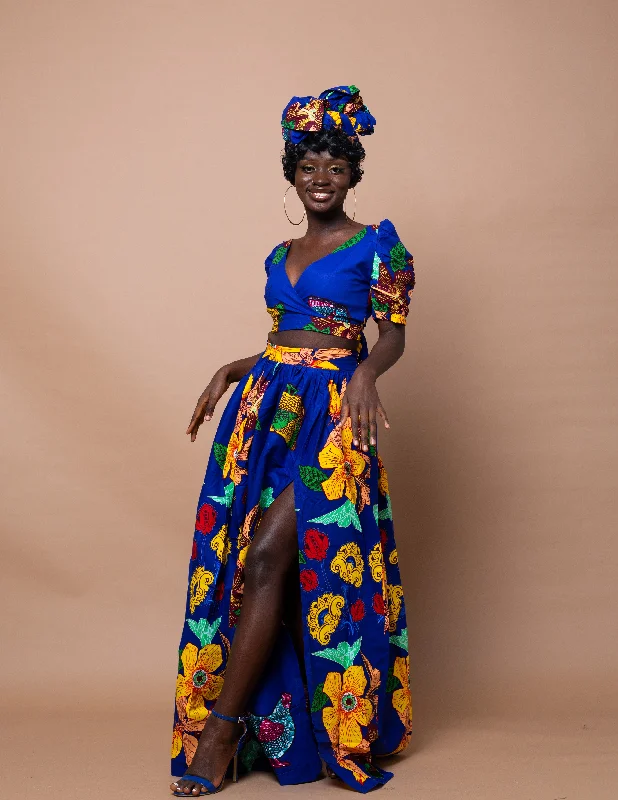 Ann Ankara Maxi Skirt | Blue and Yellow African Print relaxed fit skirt