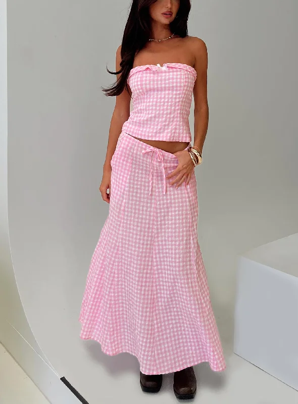 Carmino Maxi Skirt Pink Check leather skirt bold