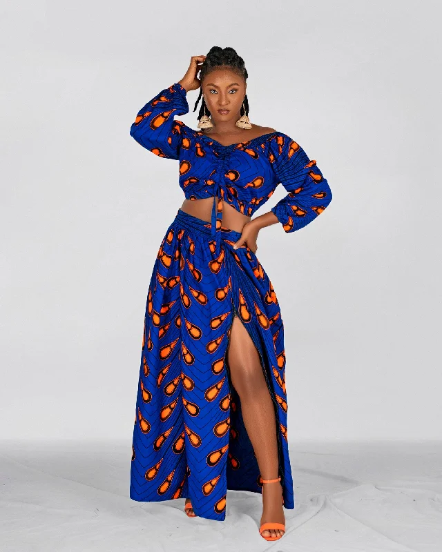 Chinwe Ankara Maxi Skirt | Blue and Orange African Print ribbed skirt waist