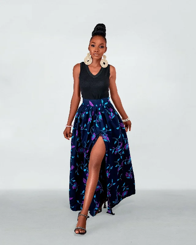 Cora Ankara Maxi Skirt | Navy Blue African Print ruffled skirt detail