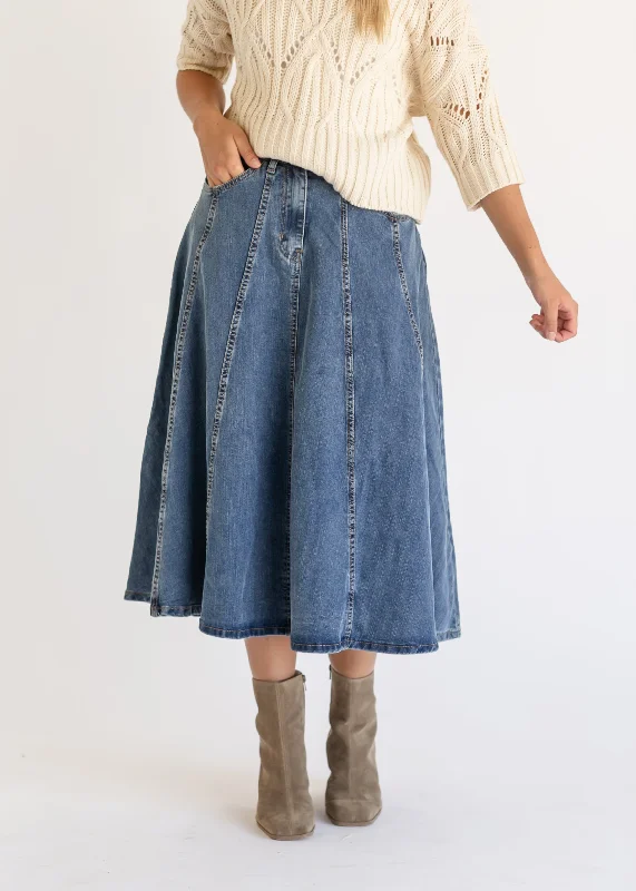 Denim Flared A-line Midi Skirt chiffon skirt airy