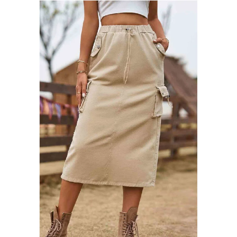 Drawstring Waist Slit Denim Skirt elastic waist skirt