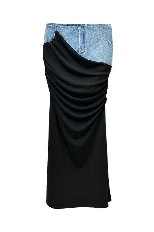 Elegant High Waist Drape Ruched Bodycon Hybrid Denim Maxi Skirt a-line skirt cut