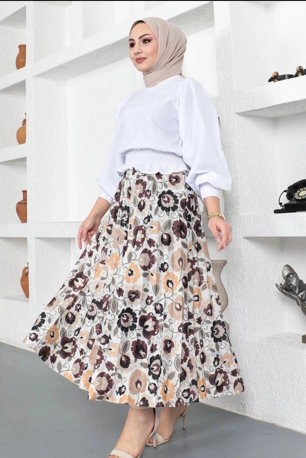 Floral Patterned Pleated Long Maxi Skirt - Beige breathable skirt fabric