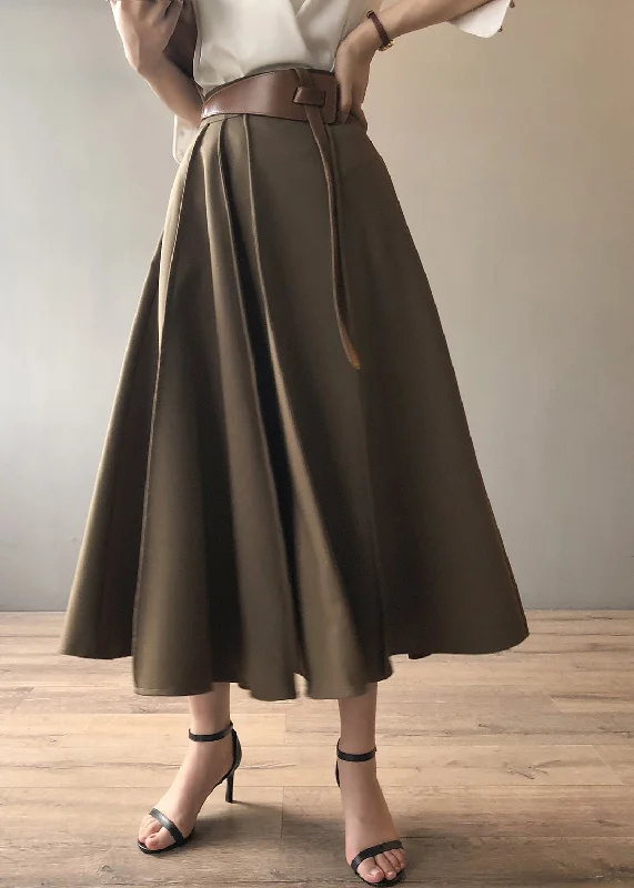 French Khaki High Waist Wrinkled Exra Large Hem Skirts Autumn wool skirt breathable