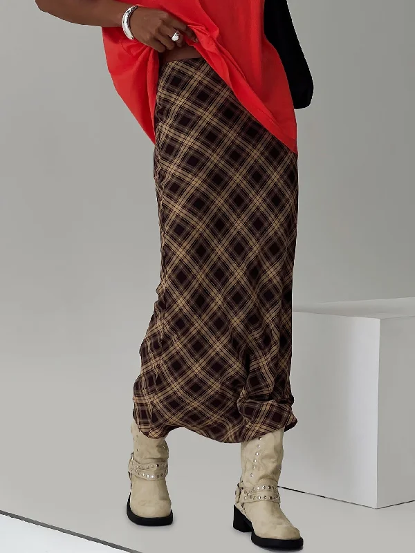 Hayze Maxi Skirt Brown Check silk skirt lustrous