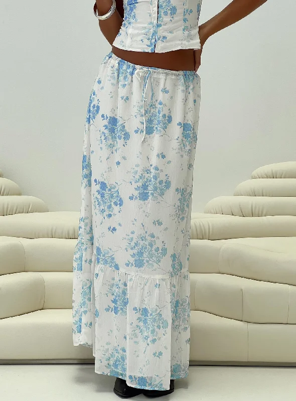 Modern Girl Maxi Skirt White / Blue Floral velvet skirt plush