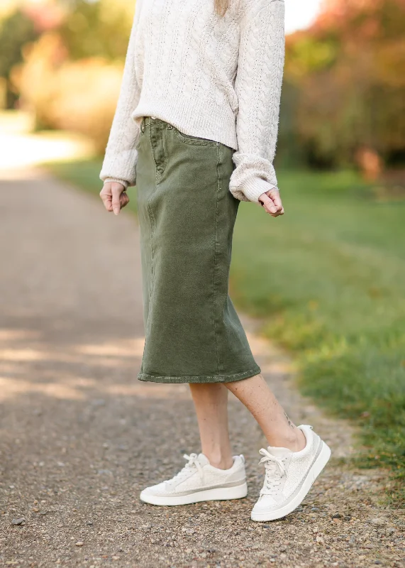 Olive Denim Midi Skirt velvet skirt sumptuous