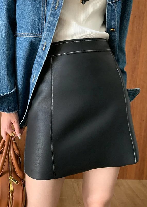 Original Design Black Patchwork Faux Leather Skirt Fall modal blend skirt