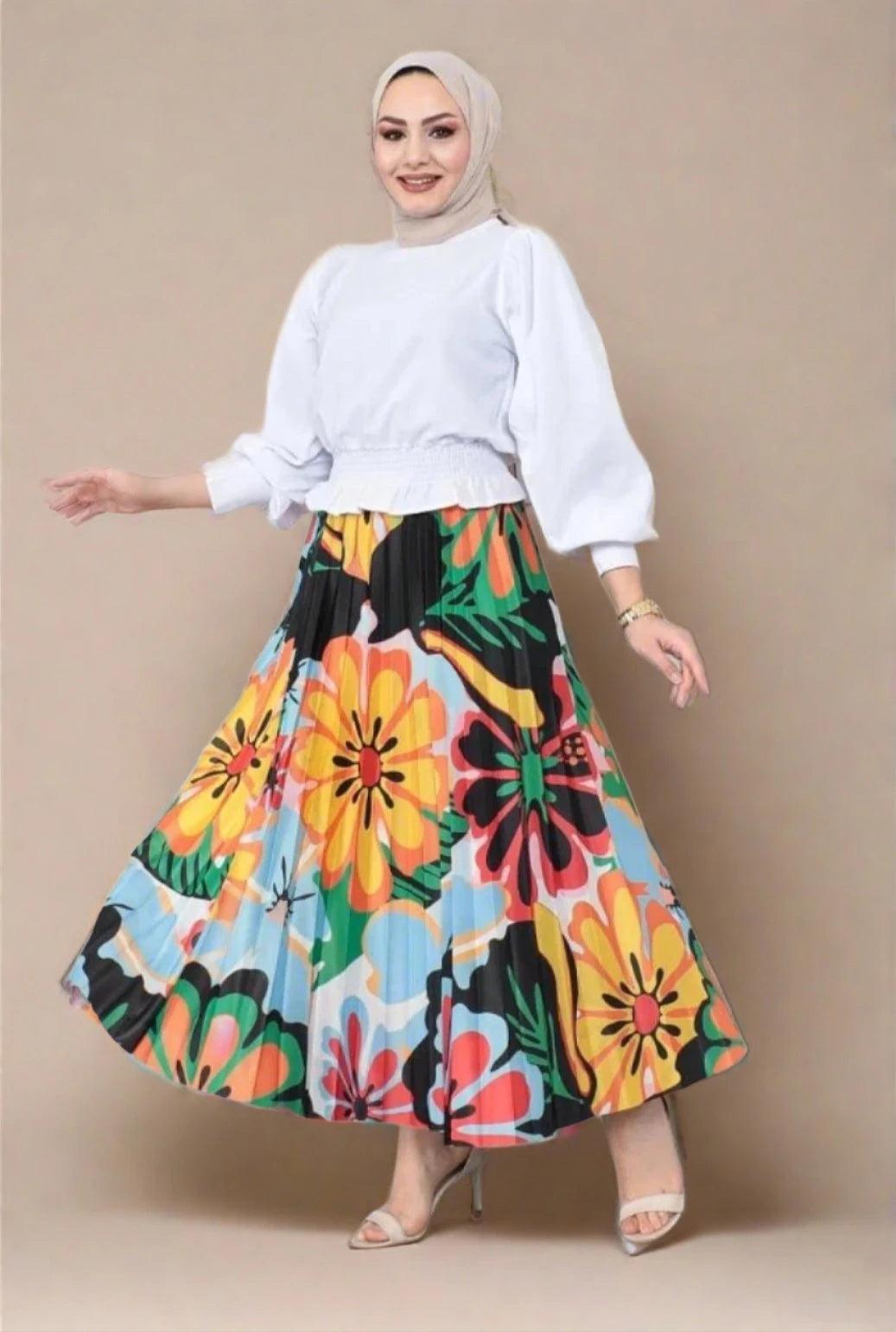 Pleated Long Maxi Skirt with Floral Pattern summer skirt style