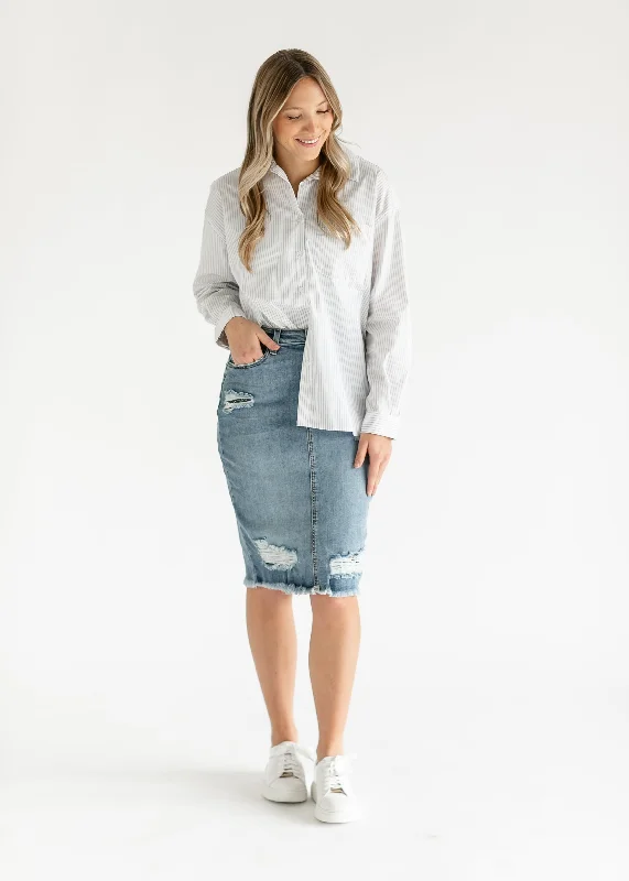 Presley Distressed Denim Midi Skirt asymmetrical skirt cut