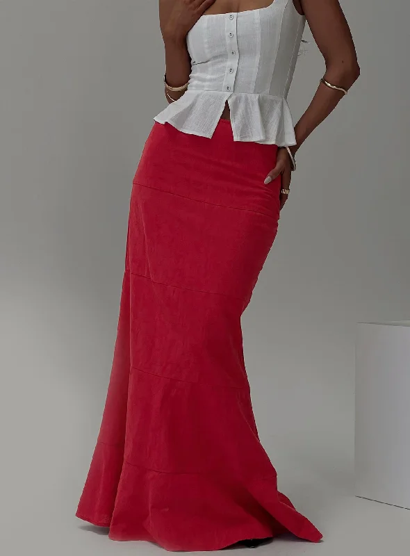 Raven Mid Rise Maxi Skirt Red silk skirt lustrous