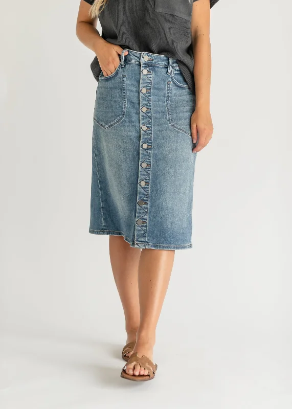 Rose Button Front Medium Wash Denim Midi Skirt - FINAL SALE low waist skirt