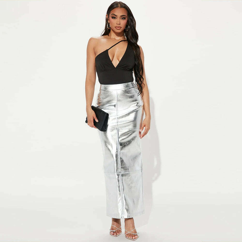 Sexy Sparkly Slit Long Skirts Women High Waist Metallic Green Slim Maxi Skirt 2023 Summer Harajuku Elegant Fairy Grunge Clothes denim skirt casual