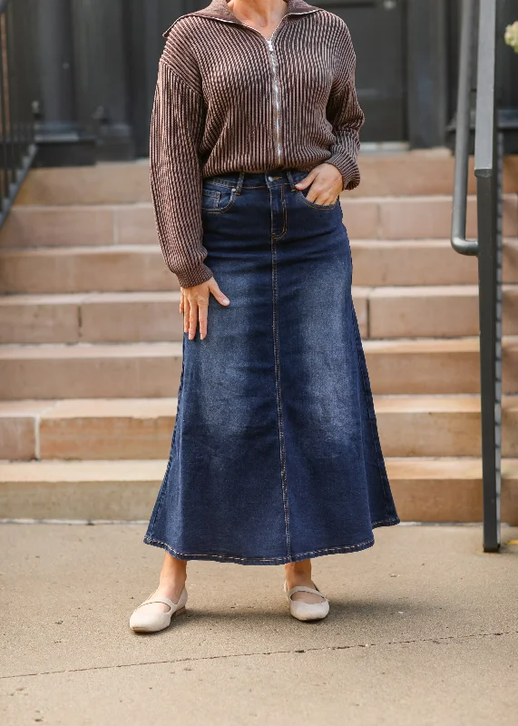 Stretchy A-line Dark Wash Denim Skirt velvet skirt luxury