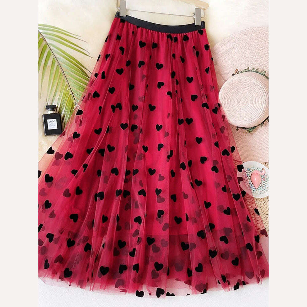 TIGENA Tulle Maxi Skirt Women 2023 Spring Summer Korean Cute Heart Pattern Flocking Mesh Big Hem High Waist Long Skirt Female leather skirt sleek