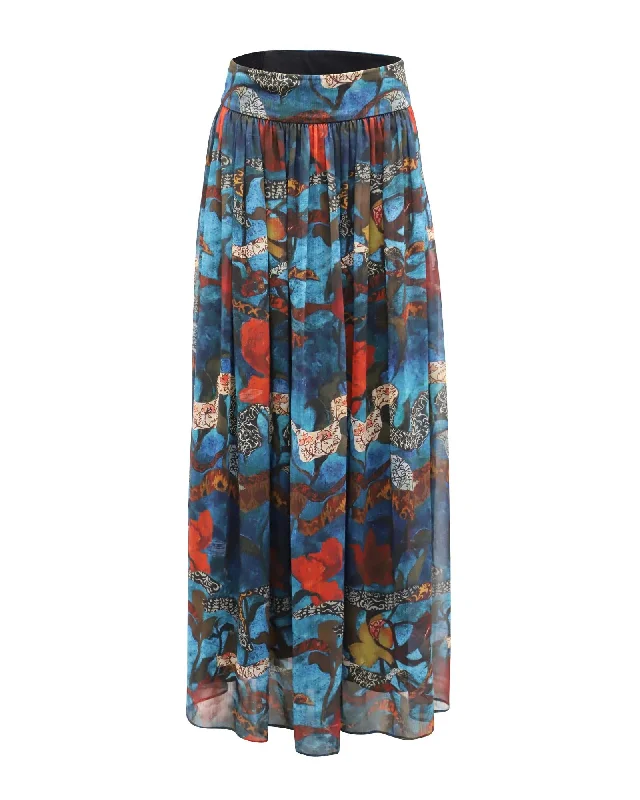 Floral Print Maxi Skirt in Blue Polyester chiffon skirt lightweight