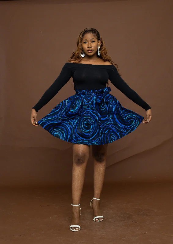 Uku Ankara Short Mini Skirt | Blue African Print silk skirt smooth