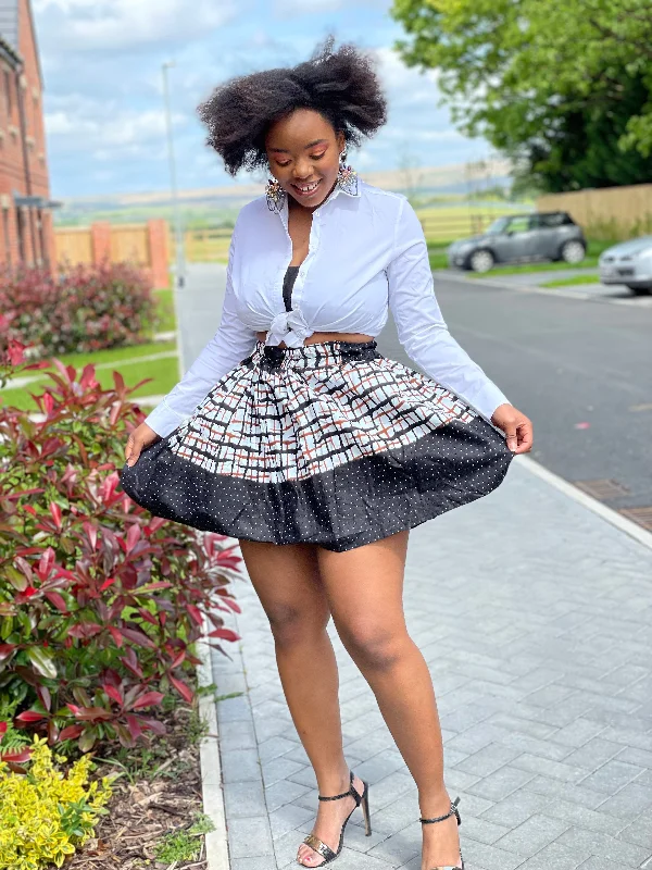 Uche Ankara Short Mini Skirt | Black and White African Print leather skirt bold