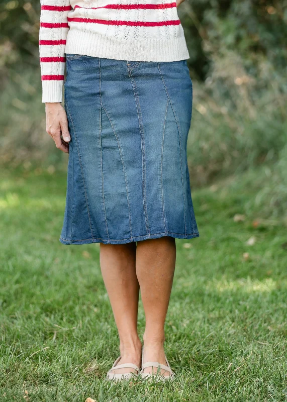 V-stitch Midi Denim Flare Skirt tiered skirt playful