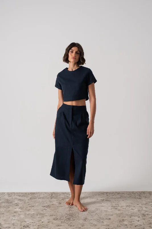 Zafran Midi Skirt in Navy chiffon skirt lightweight