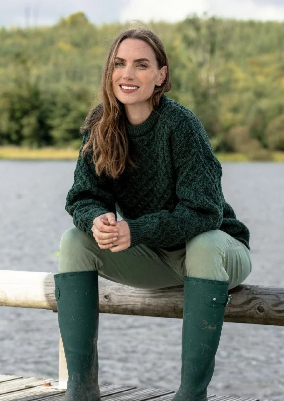 Aran Crew Neck Merino Sweater | Green Wool Fabric Cashmere Fabric Tweed Fabric