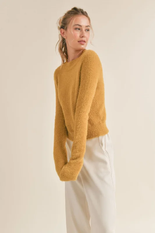 Sadie & Sage Ari Fuzzy Sweater in Golden Mesh Fabric Canvas Fabric Denim Fabric