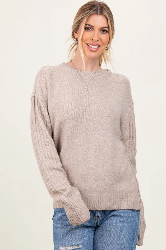 Beige Long Sleeve Raised Seam Sweater Turtle Neck Boat Neck Asymmetrical Neck