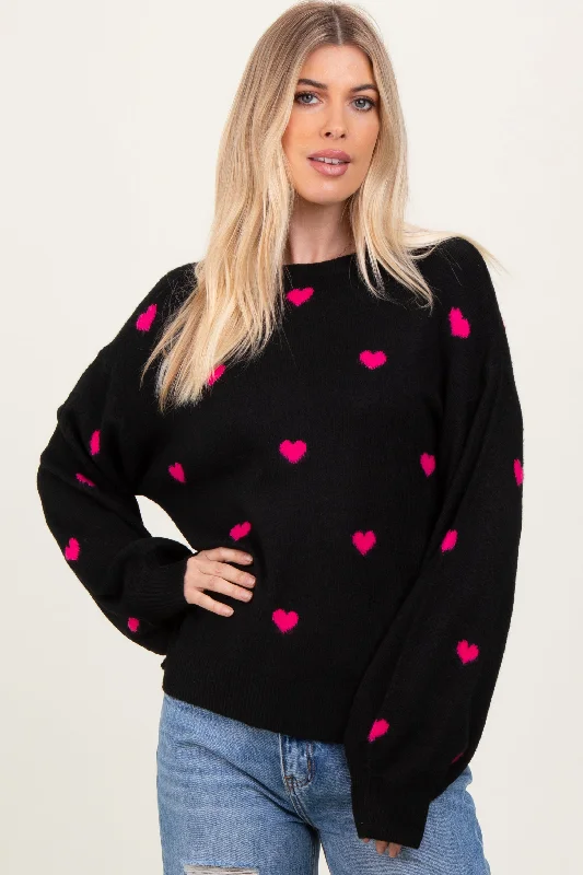 Black Heart Print Oversized Sweater Terry Terry Cloth Terry Knit