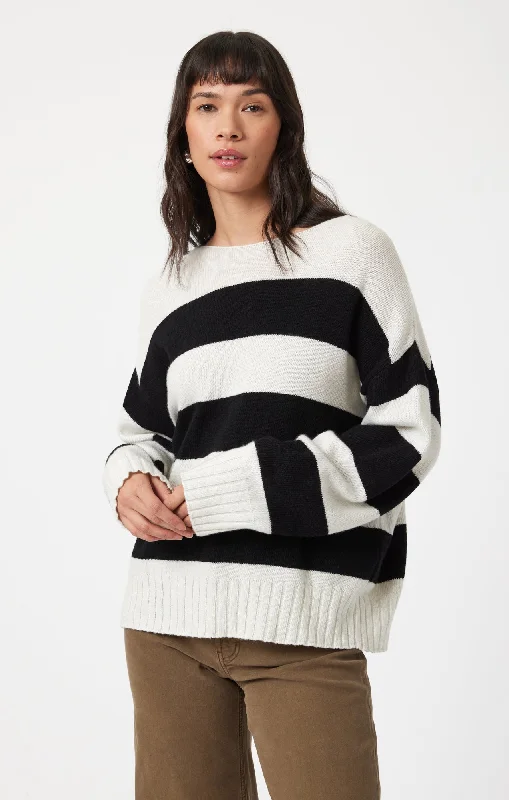 BOAT NECK SWEATER IN BLACK STRIPE Striped Floral Plaid