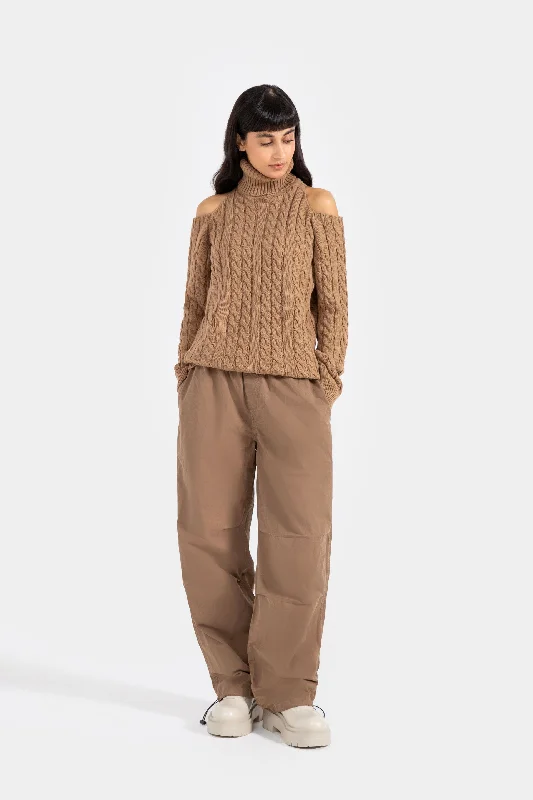 Cold-shoulder Mock Cable-Knit Sweater Oversized Loose Flowy