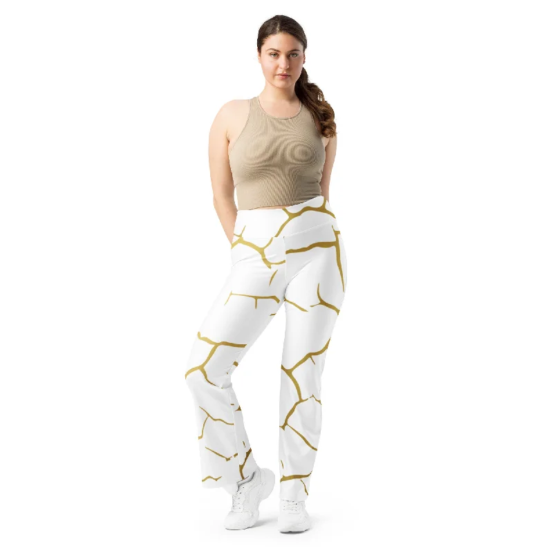 Flare Gold Print Leggings, lioness-love Comfortable Ribbed Sports Leggings