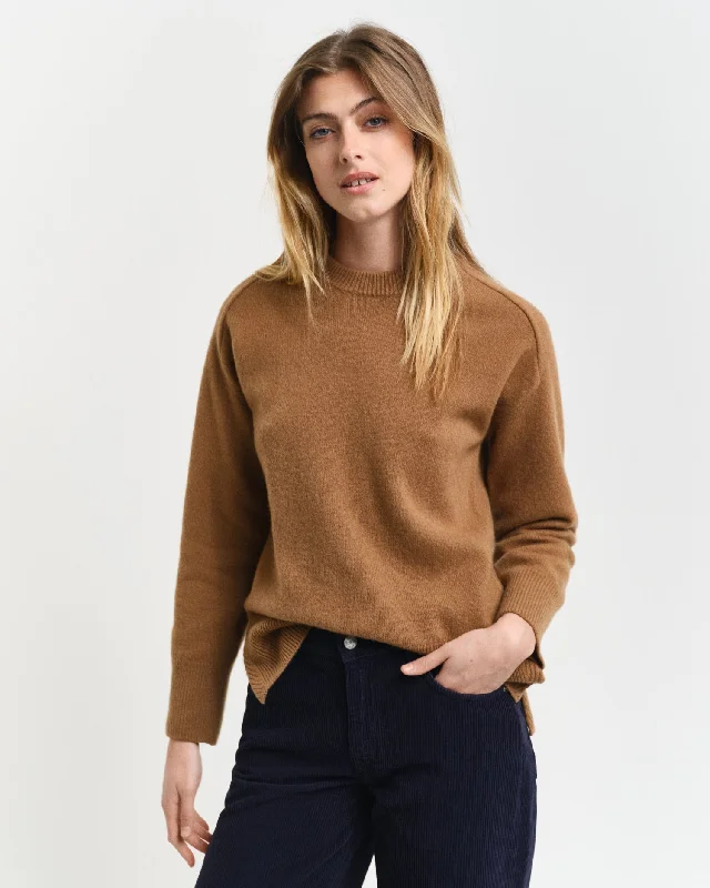 Gant Women Brown Solid Round Neck Full Sleeves Sweater Chenille Blend Fleece Blend Nylon Blend