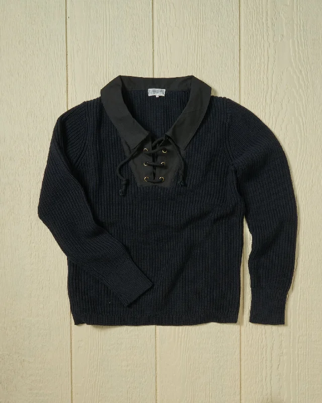 Halifax Lace-Up Sweater in Navy Cotton Fabric Linen Fabric Terry Fabric