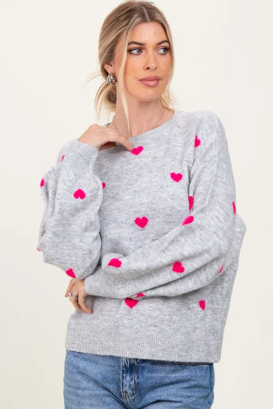 Heather Grey Heart Print Oversized Sweater Satin Blend Silk Blend Wool Blend