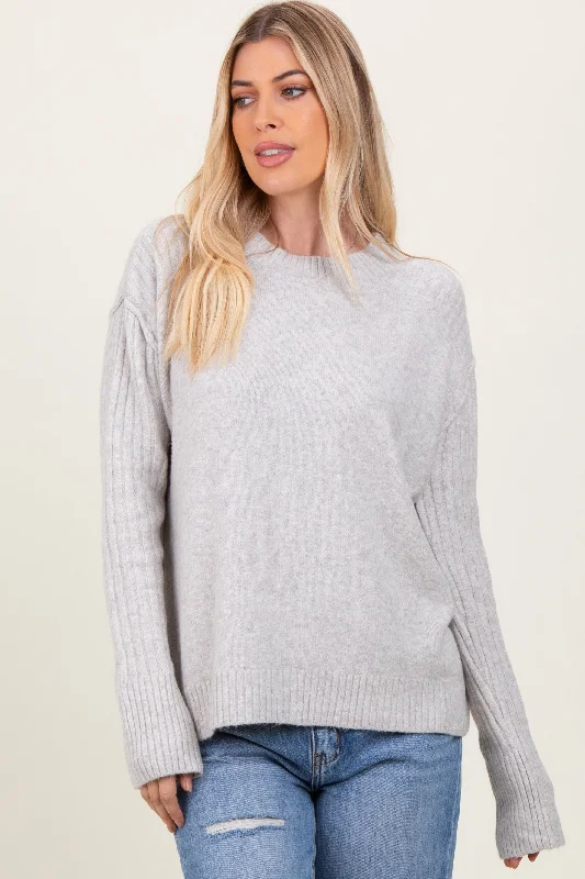 Heather Grey Long Sleeve Raised Seam Sweater Front Pockets Side Pockets Patch Pockets