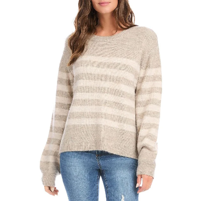 Karen Kane Womens Striped Knit Crewneck Sweater Collared Crew Neck Turtle Neck