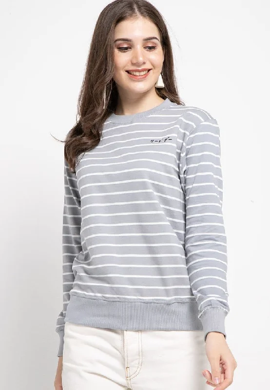 LO009 Thirdday sweater casual wanita dakir katakana stripe putih abu Cable Knit Ribbed Knit Lace Knit