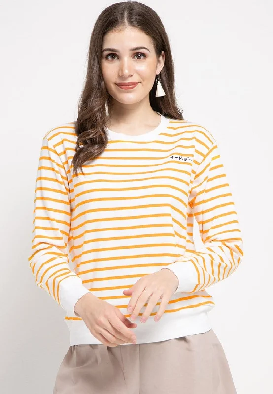 LO011 Thirdday sweater casual wanita dakir katakana stripe putih kuning Solid Print Embellished