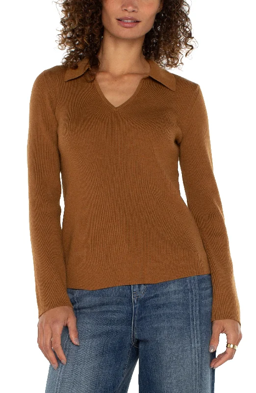 LONG SLEEVE V-NECK COLLARED SWEATER Spandex Rayon Corduroy