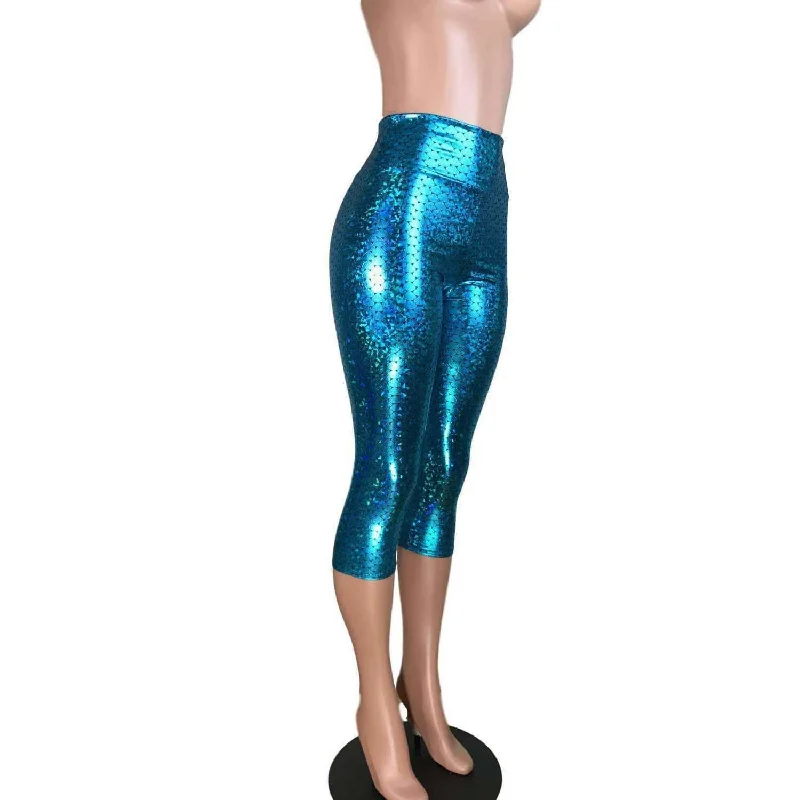 SALE - SMALL Turquoise Mermaid Cropped Capri Leggings Stylish Stretch Print Leggings