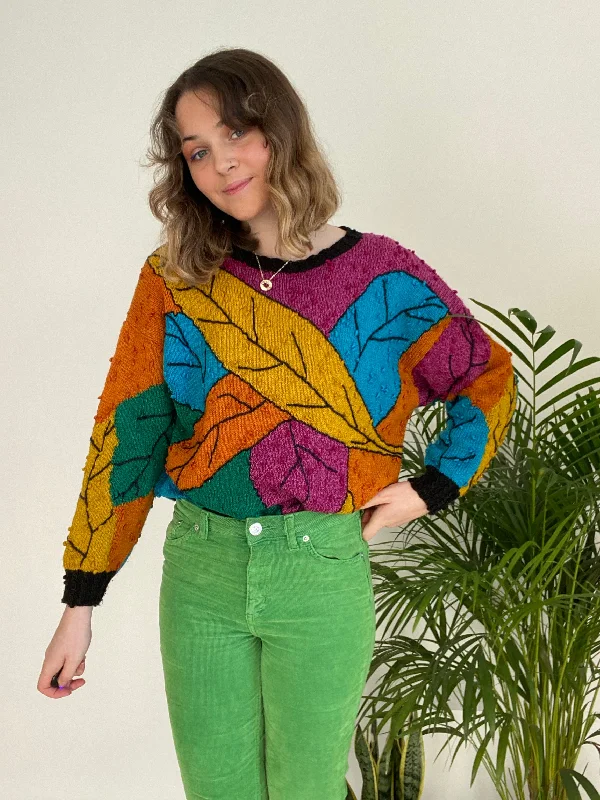 Multicoloured Leaf Sweater Toggled Drawstring Belted