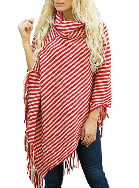 TastyHottie - OBLIQUE STRIPED HIGH NECKED FRINGED CAPE SHAWL SWEATER Zippered Buttoned Snapped