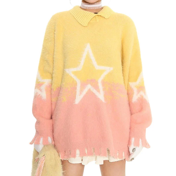 Pastel Knit Sweater with Star Design Chenille Brocade Lace