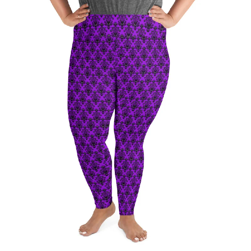 Plus Size Purple Gothic Haunted Mansion Style All-Over Print Leggings Halloween Pattern Stylish Ankle-Length Leggings