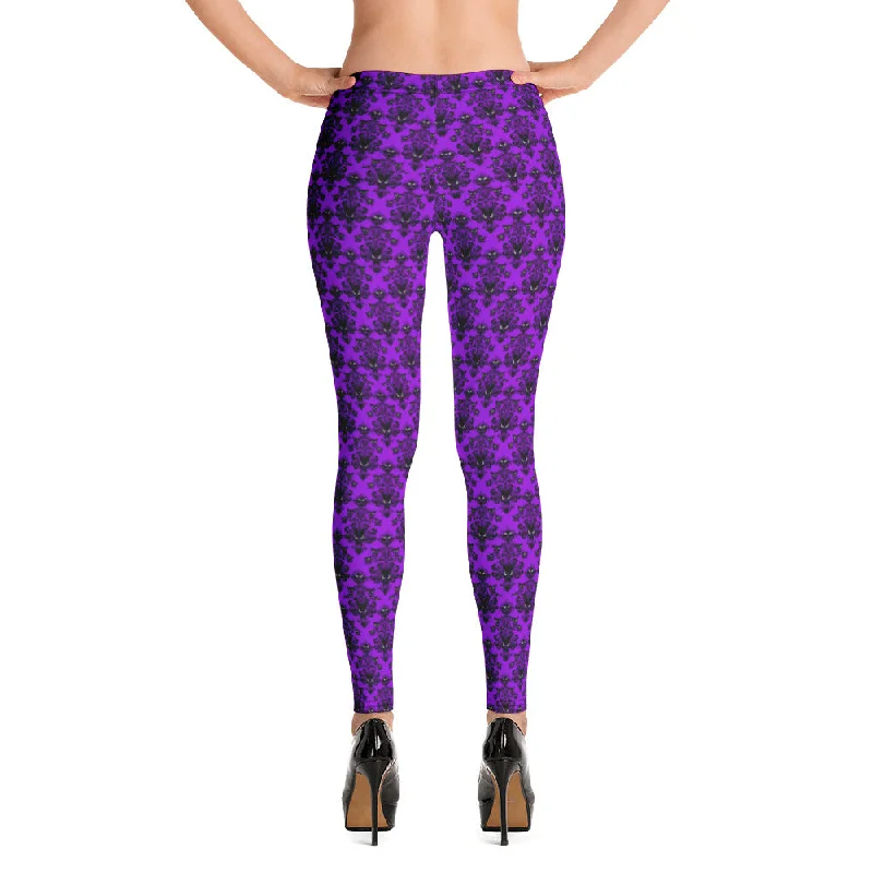 Purple Gothic Haunted Mansion Style Leggings Halloween Pattern Elegant Velvet Leggings