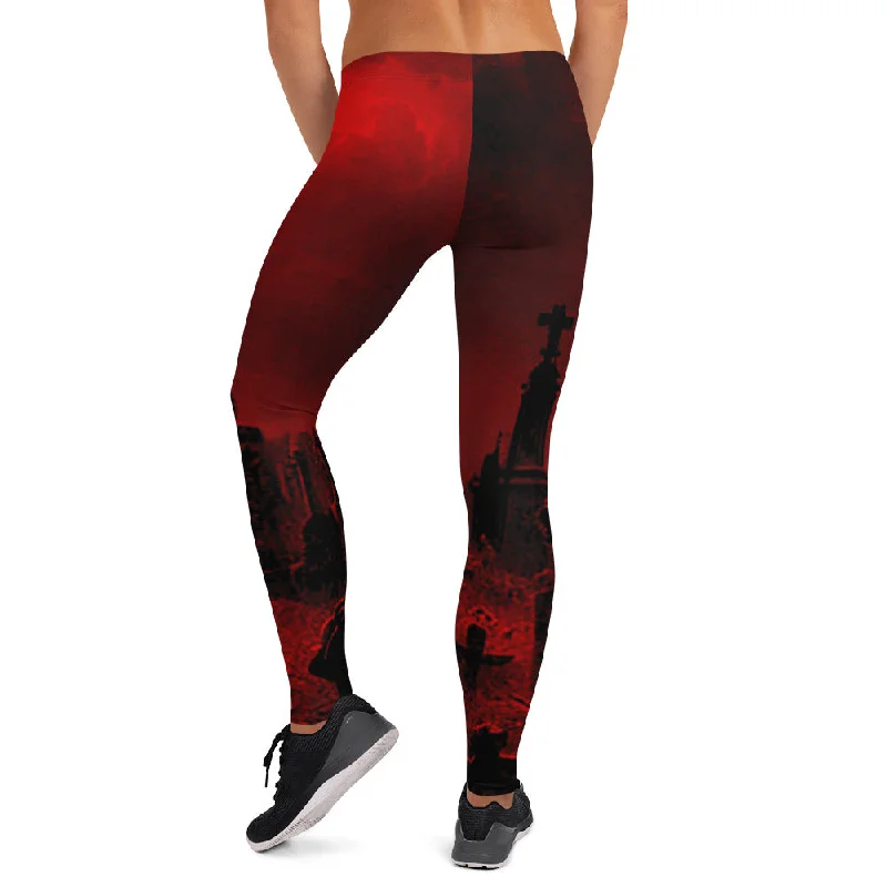 Red Gothic Haunted Cemetery Fashion Leggings Comfortable Wide-Band Leggings