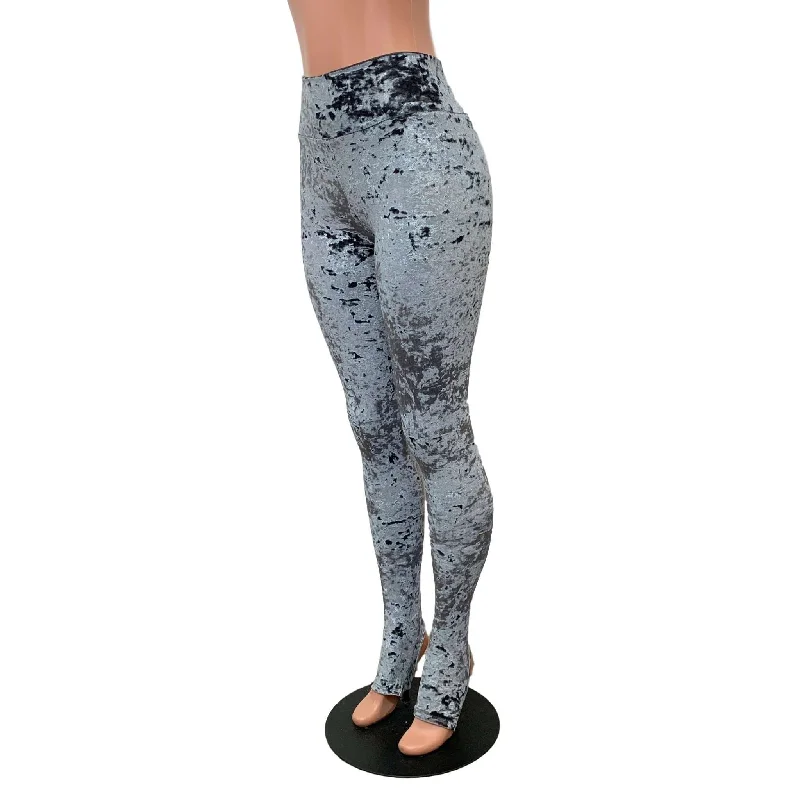 SALE - SMALL - Gray Crushed Velvet Stirrup Leggings Fashionable Sports Compression Leggings